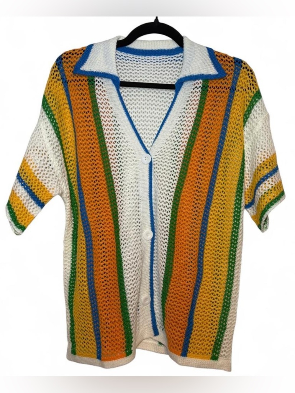 Multicolor Crochet Open-Knit Button Cardigan/Shirt & Short Set